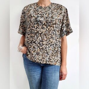 Liz Claiborne Vintage Floral Silk Blouse Women’s Size 6 Black Beige Short Sleeve